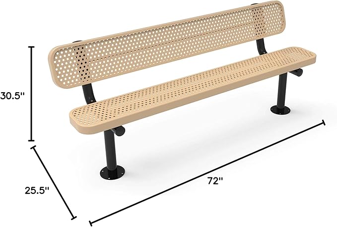 COATEDOUTDOORFURNITURE Coated Outdoor Furniture Heavy-Duty Outdoor Bench Thermoplastic Coated, Punched Steel, Commercial-Grade Seating, Made in America (Surface with Back, 6 Ft, Tan)
