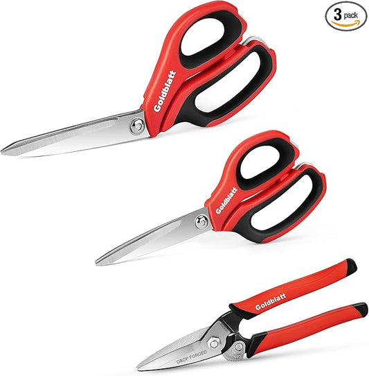 Goldblatt 3PCS Heavy Duty Scissors, Multipurpose Shop Scissors, Drop Forged Blades with Small Serrations, Comfortable Handle for Easy Cutting Cardboard, Wires, Leather, Fabric