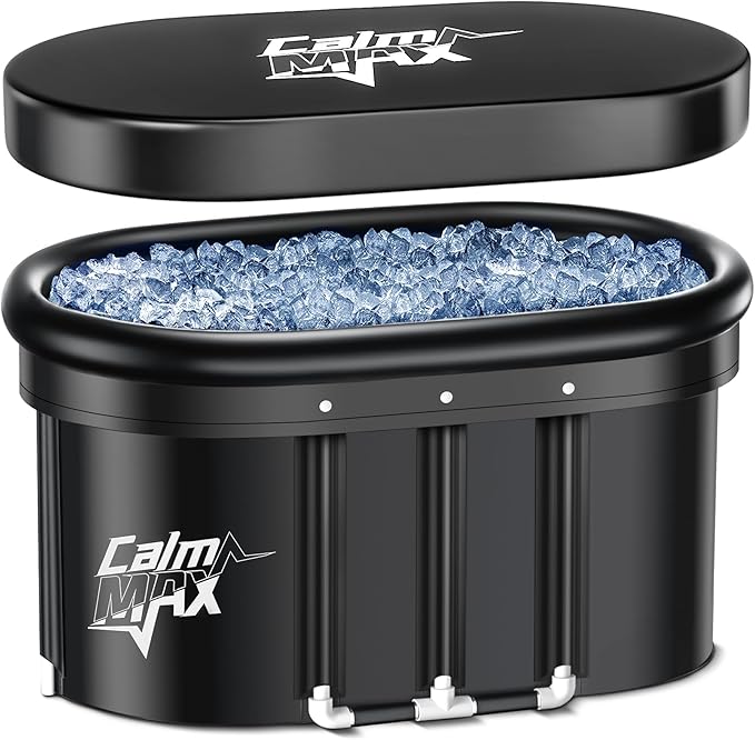CalmMax Oval Ice Bath 2.0 with Inflatable Neck Rest Ring for Athletes XL Portable Cold Plunge Tub for Cold Water Therapy Ice Baths at Home - 140 Gal Capacity（IB003, Black