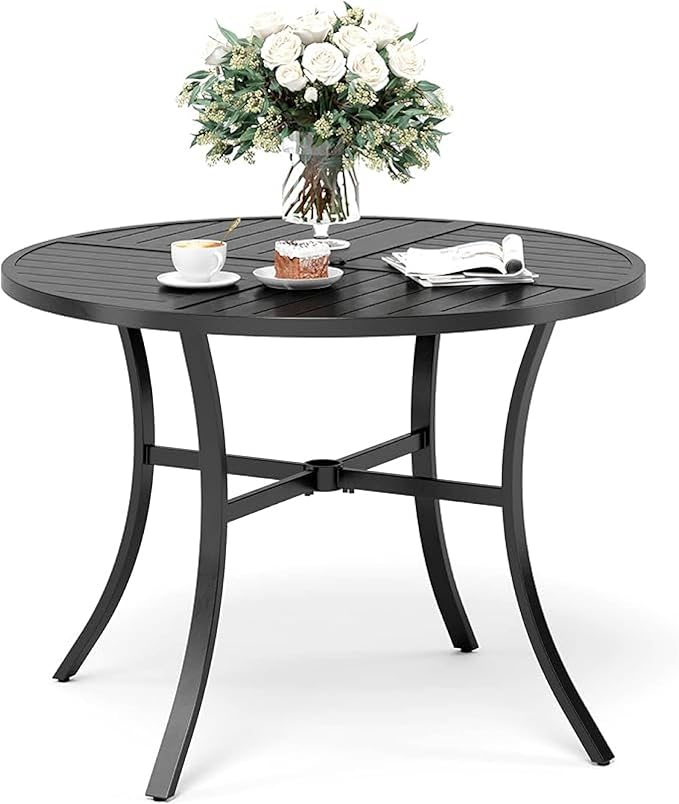 42" Round Patio Table for 4, Patio Dining Table with Umbrella Hole,E-Coating and Powder Coating Steel Frame Metal Outdoor Patio Table for Garden Backyard Lawn Yard