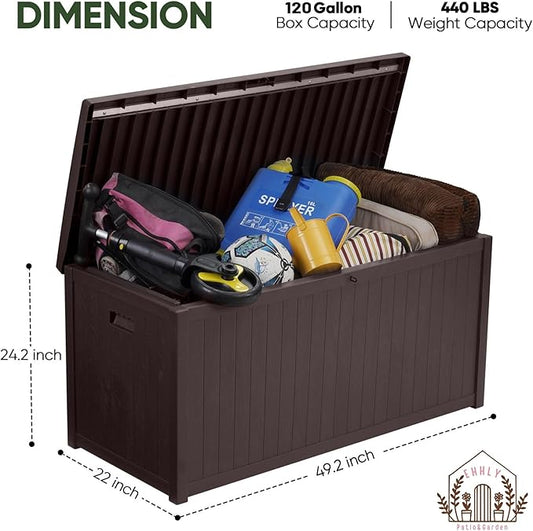 120 Gallon Outdoor Storage Box Large, Lockable Outside Containers Waterproof Patio Cushions Storage Deck Boxes, Plastic Garden Hose Boxes Resin Pool Storage Bins, Brown