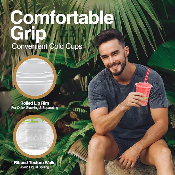 GREEVIRO Eco Compostable Plant-Based Clear Plastic Cups 16oz Thick, Reusable, Disposable Iced Coffee Cups for Smoothies, Beer & Any Beverages for Parties, Weddings & Gatherings (16oz)