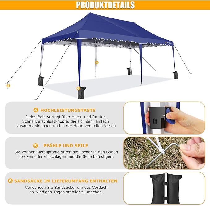 HOTEEL 10x20 Pop Up Canopy Tent, Waterproof Outdoor Shelter with Wheeled Bag & 4 Sandbags, Easy Setup for Backyard Parties, Weddings, Events, and Vendor Use, Navy