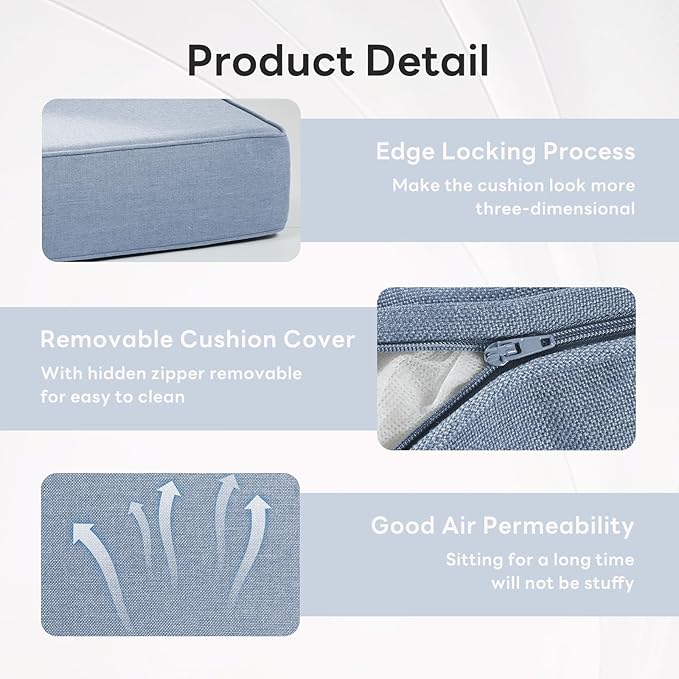 6" Thicker Outdoor Chair Cushion 2 Sets - 24" *24" *6" Waterproof Patio Furniture Cushions with Removable Cover, 28D High Density Sponge Filling Thicken Outdoor Patio Cushions - Baby Blue