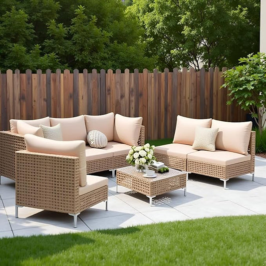 7 Piece Wicker Patio Furniture Set, Outdoor Sectional Couch Set with Coffee Table and Water-Resistant Thick Cushions for Balcony, Deck, Garden, Backyard(Yellow/Beige)