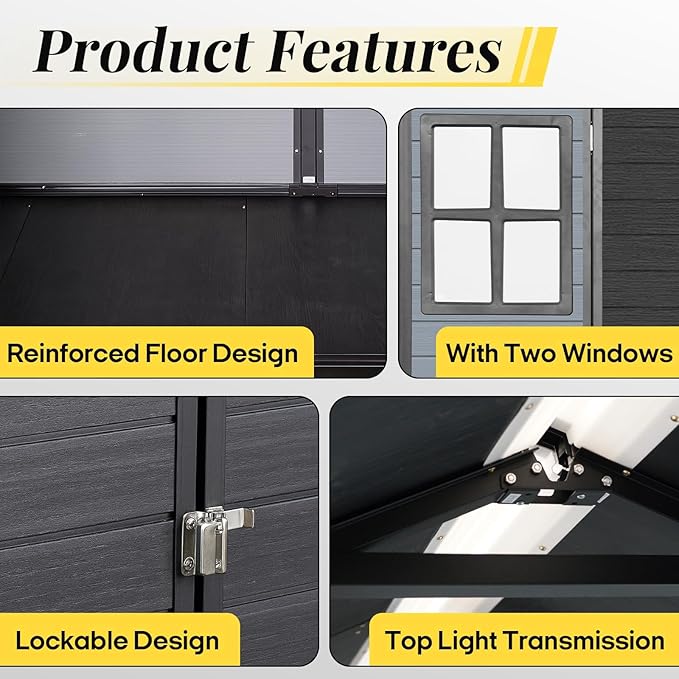 8x4ft Resin Outdoor Storage Shed with Floor and 2 Windows, Plastic Sheds & Outdoor Storage Clearance for Patio Furniture, GardenTools, Lawn Mower and Bike Accessories, Black+Grey