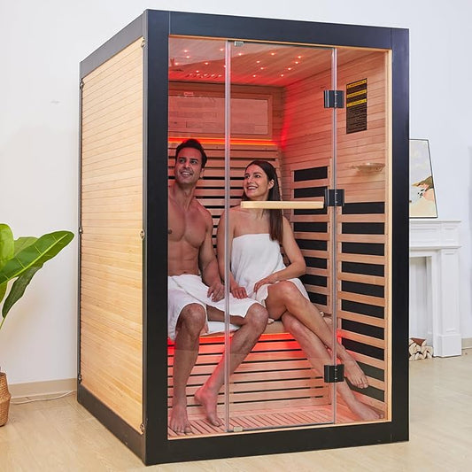 RIGO 2 Person Infrared Sauna for Home - Canadian Hemlock Luxury Spa with Exclusive Star Sky Roof & Oxygen Bar, 7 Low EMF Graphene Heaters, Bluetooth