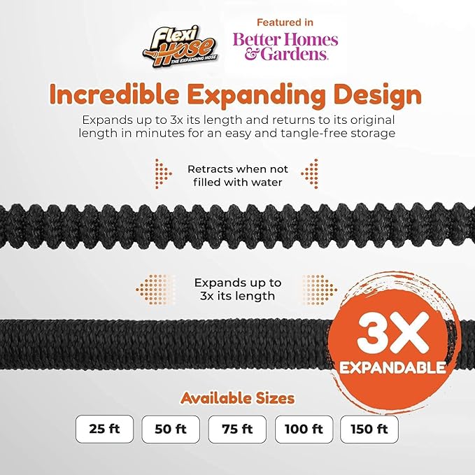 Flexi Hose Expandable Garden Hose with 8 Function Nozzle, 25FT - Lightweight Retractable Garden Hose, Water Hose - No-Kink Flexibility, 3/4 Inch Solid Brass Fittings and Double Latex Core