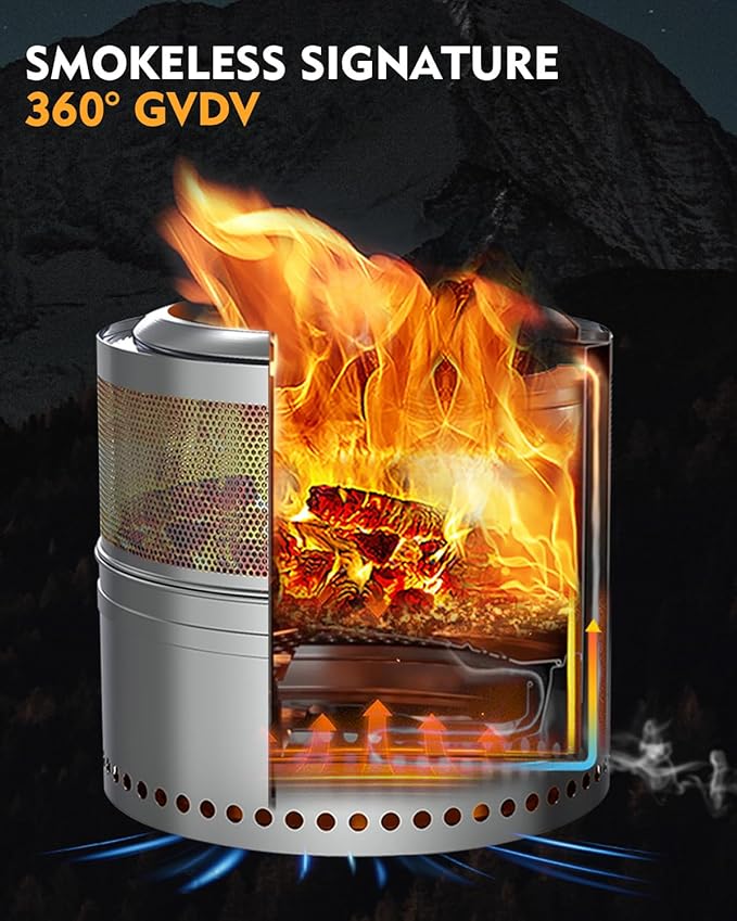 GVDV Smokeless Firepit, 20 Inch Outdoor Fire Pit with Grill & Removable Ash Pan, Hollow-Carved Design, Camping Fire pits for Outside Wood Burning, Portable Bonfire Stove with Carry Bag