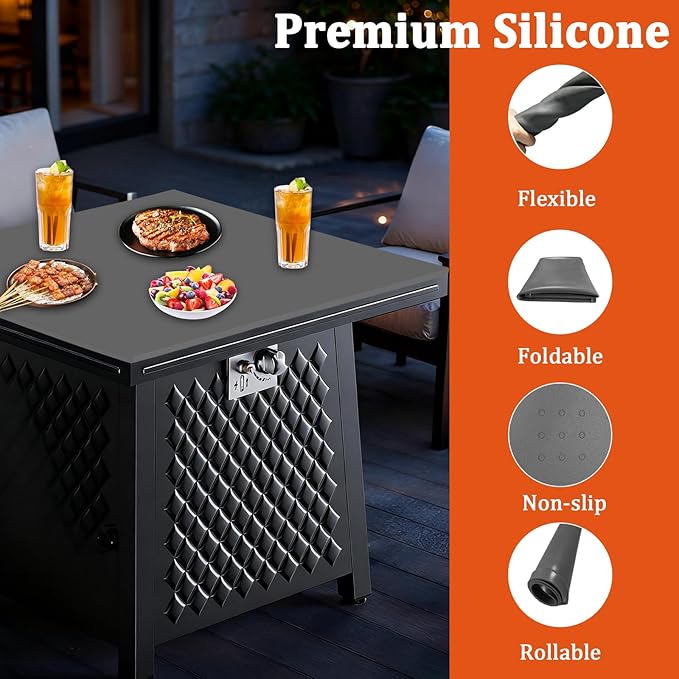 Silicone Mat for Propane Fire Pit Table, 28 inch Non-Slip Firepit Covers Square, Waterproof Heavy Duty Outdoor Fire Pit Table Cover (Light Gray)