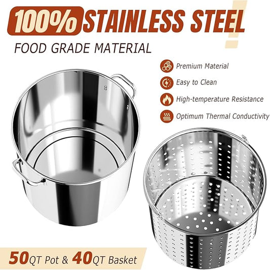 Stainless Steel 50QT Crawfish Boiler Kit, Waterproof Cover & 12-inch Skimmer, 110,000BTU Propane Burner Stove, 0-20PSIG Regulator, Seafood Boil Pot, Crab Boil Pot with 40QT Basket