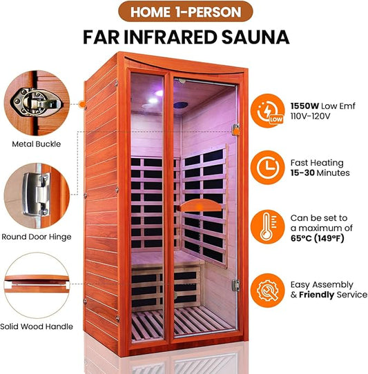 Sauna, Far Infrared Saunas for Home Room 1550W/110V Indoor Sauna for Single Person Okoume Wood Sauna Spacious 1 - 2 Person Low EMF Dry Sauna with Speakers/Air Hole and Color Lighting 39.4*35.4*74.8 IN