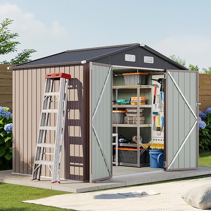 8x6 FT Outdoor Storage Shed & Lockable Double Doors, Heavy-Duty Galvanized Steel Outdoor Metal Shed for Bike, Tool, Generator Storage in Backyard, Patio (8’x6’)