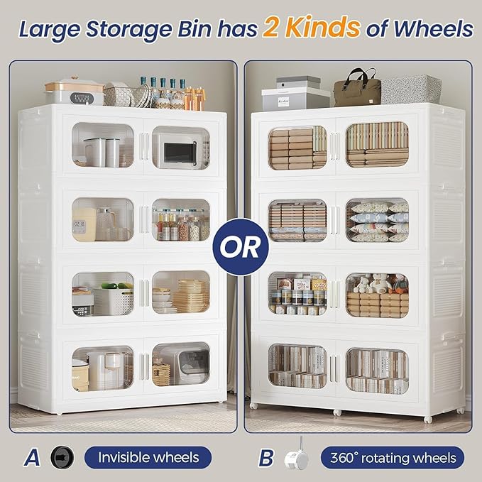 800QT Large Stackable Storage Bins with Lid, 200Gal Plastic Collapsible Closet Organizers Drawers Box with Wheels, Folding Cabinet Containers with Doors for Home Kitchen Office, 4Pack White