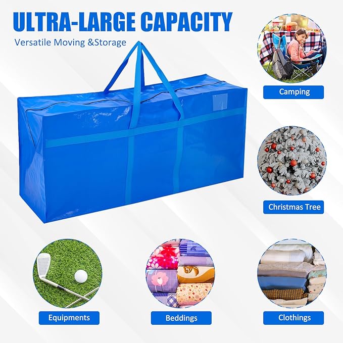 Windyun 4 Pack 121 Gallon Extra Large Storage Bags XXL Moving Bags with Zipper Handles Heavy Duty Jumbo Big Tote Box for Christmas Tree Storage 4, 5, 7.5, 9, 10, 12 ft Skeleton College Dorm(Blue)