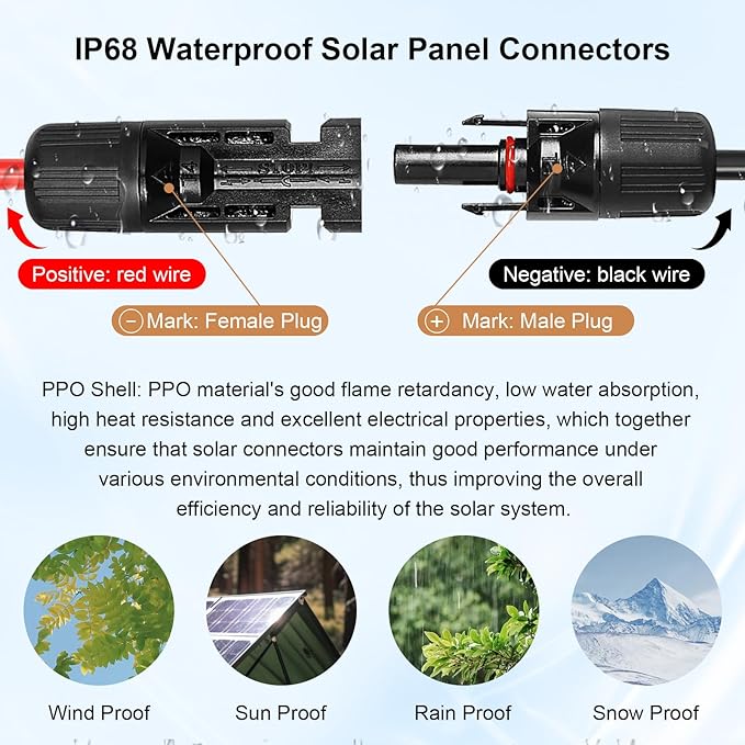 Solar Panel Extension Cable - 10AWG 20FT Solar Wire with Female & Male Waterproof Connector Flame Retardant Protective Sleeving PV Wire for RV, Photovoltaic Systems, Home, Boat, Solar Panels, Car