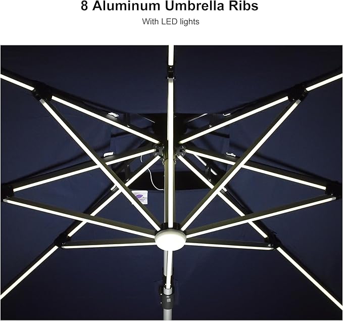 PURPLE LEAF 11 Feet Solar Powered LED Square Cantilever Umbrella With Base Patio Umbrellas Windproof Hanging Umbrella Outdoor Offset Umbrellas, Navy Blue