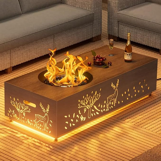 48 inch Propane Fire Pit Table LED, 2 in 1 Rectangular Outdoor Fire Pit with 20lb Tank Cover, Outside Patio Deck and Garden, Gas Fireplace Table with Lid and Stone, 50,000 BTU Adjustable Flame