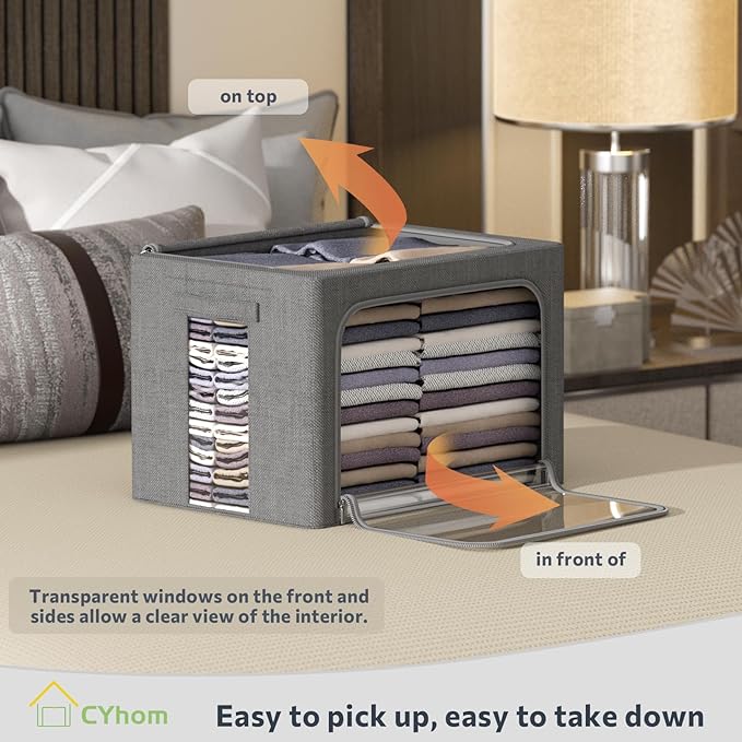CYhom 3Pack Foldable Storage Bins - Frame Storage Box Linen Fabric Stackable Clothes Container Organizer with Clear Window & Carry Handles Large Capacity (Large-66L, Dark Gray)