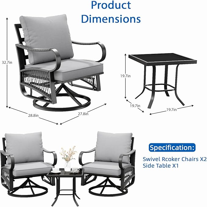 3 Piece Patio Furniture Set, Rope Woven Outdoor Conversation Set with High Back Metal Swivel Chairs and Coffee Table, Thick Cushions for Garden, Porch, Grey