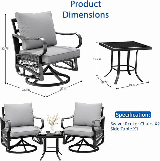 3 Piece Patio Furniture Set, Rope Woven Outdoor Conversation Set with High Back Metal Swivel Chairs and Coffee Table, Thick Cushions for Garden, Porch, Grey