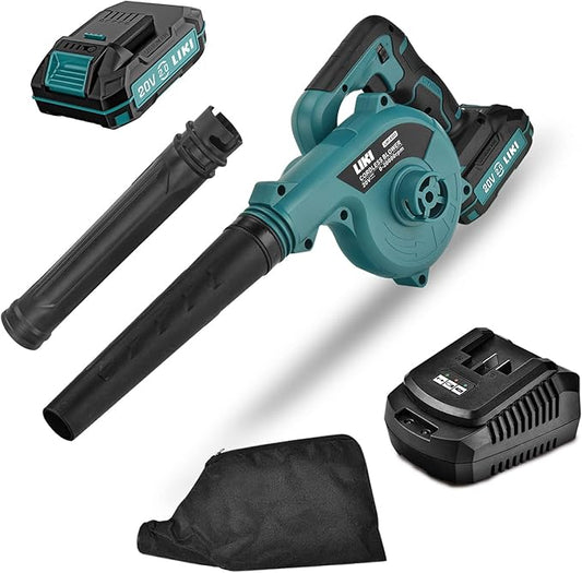 LIKI 20V Brushless Cordless Leaf Blower with 4.0Ah Battery & Fast Charger | 2-in-1 Sweeper/Vacuum, 3-Speed Adjustable, 20,000 RPM for Leaves, Snow, and Outdoor Cleanup(4.0Ah Battery and Charger)