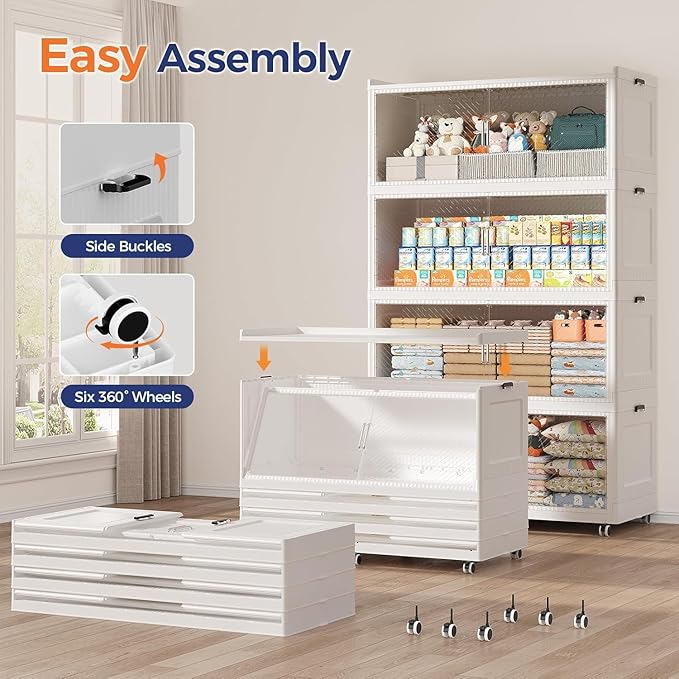 960QT Extra Large Storage Bins with Lid and Wheels, 240Gal Stackable Closet Organizers and Storage Cabinet, Collapsible Storage Box with Doors for Home Kitchen Office Dorm, 3Pack White Clear