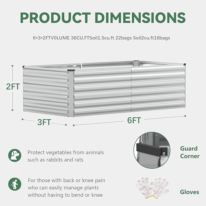 FOOWIN 4pcs 6x3x2ft Galvanized Raised Garden Bed, Planter Raised Garden Boxes Outdoor, Large Metal Raised Beds for Gardening, Garden Bed for Vegetables, Flowers, Herb,269 Gallon Capacity, Silver