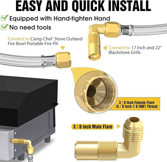 12FT Propane Quick Connect Hose for RV to Gas Grill, RV Quick Connect Propane Hose with 1/4" Safety Shutoff Valve, Female Quick Disconnect with Elbow Adapter for Blackstone 17"/22" Griddle