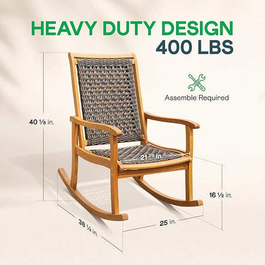 IDZO Wood Wicker Rocking Chair, 400 lbs Capacity, Durable Eucalyptus Wood, Natural Finish, Comfortable Curvy Design, Ideal for Deck, Patio Furniture, Teak Outdoor Furniture, Set of 2