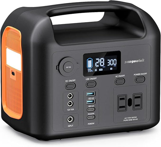 Portable Power Station, 600W (1200W Peak) 299Wh LiFePO4 Solar Generator Pure Sine Wave 110V AC Car Outlets PD 60W QC3.0 Backup Power Supply Bank for Camping, Blackout, CPAP