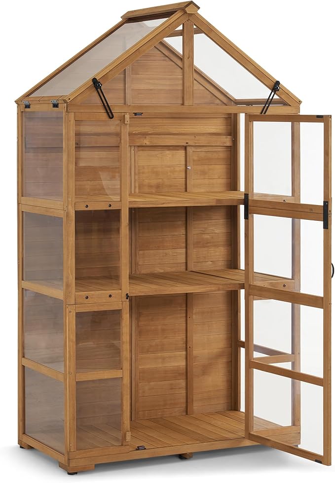 MCombo Wooden Greenhouse Outdoor with Openable Roof Vent and Adjustable Shelves, 0826 (Natural)