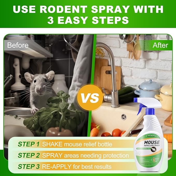 Natural Peppermint Oil Spray for Rodents, Mice Repellent Indoor/Outdoor, Squirrel Repellent Spray Mouse Rats Prevention On Home Car RV Yard Garage Warehouse Attic (16 OZ)