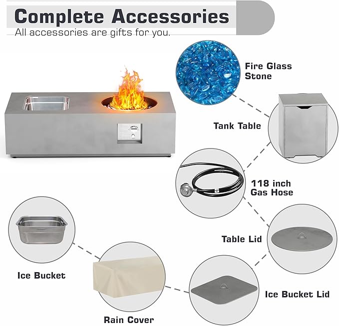 48 inch Propane Fire Pit Table with Ice Bucket, 2 in 1 Rectangular Outdoor Fire Pit with 20lb Tank Cover, Outside Patio Deck and Garden, Gas Fireplace Table with Lid and Stone
