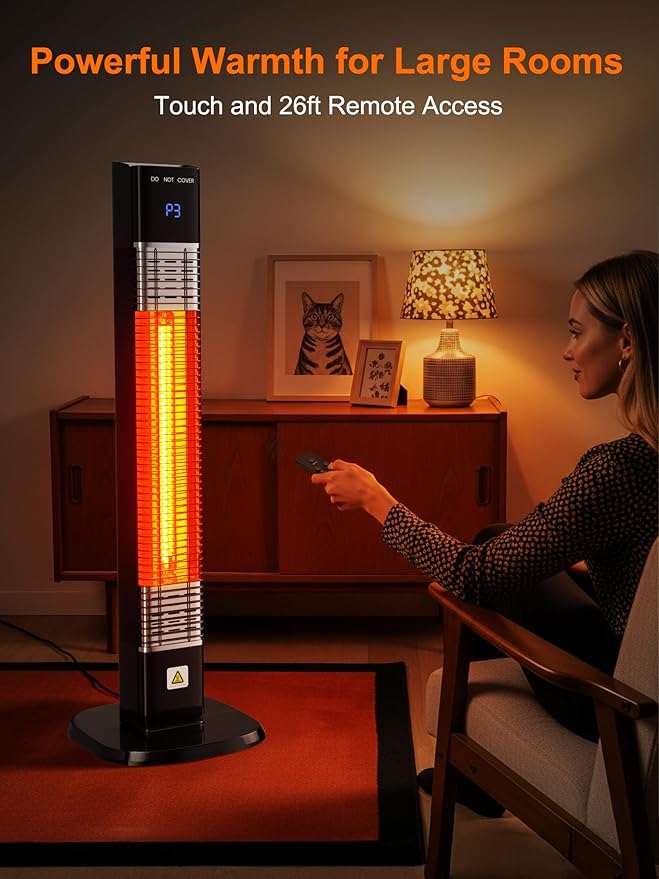 YEW Outdoor Electric Patio Heater, 1500w Infrared Heaters with Remote, 24H Timer, 3 Heat Levels, Waterproof, Quiet, Tip-Over Protection, Portable Tower Heaters for Porch,Garage,Balcony,Backyard