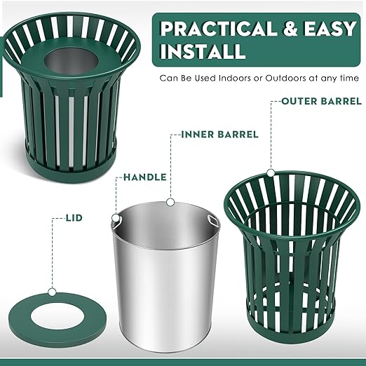 25.2IN Round Large Outdoor Trash Can, Heavy Duty Metal Slatted Garbage Can Outdoor, All Weather Resistant Commercial Garbage Cans, Waste Receptacle in Park, Beach, Patio, Green