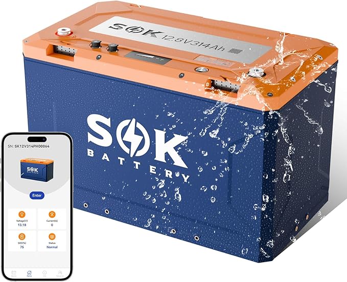 SOK Battery 12V 314Ah LiFePO4 Battery Marine Grade Low-Temp Protection Power Outage, Built-in Heater, ABS Casing for RV or Solar Marine, Boat and Wind Off-grid Applications