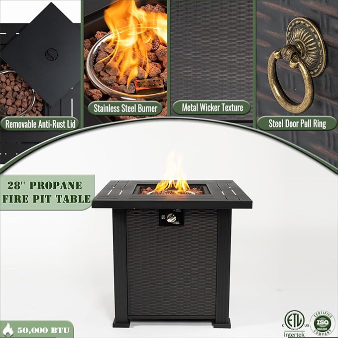 Propane Fire Pit Table, 28 Inch Steel Firepits for Outside, Square Gas Fire Pit for Outside Patio, Propane Fire Table for Patio, Backyard, Pool, 50,000 BTU, Tank Inside, Black