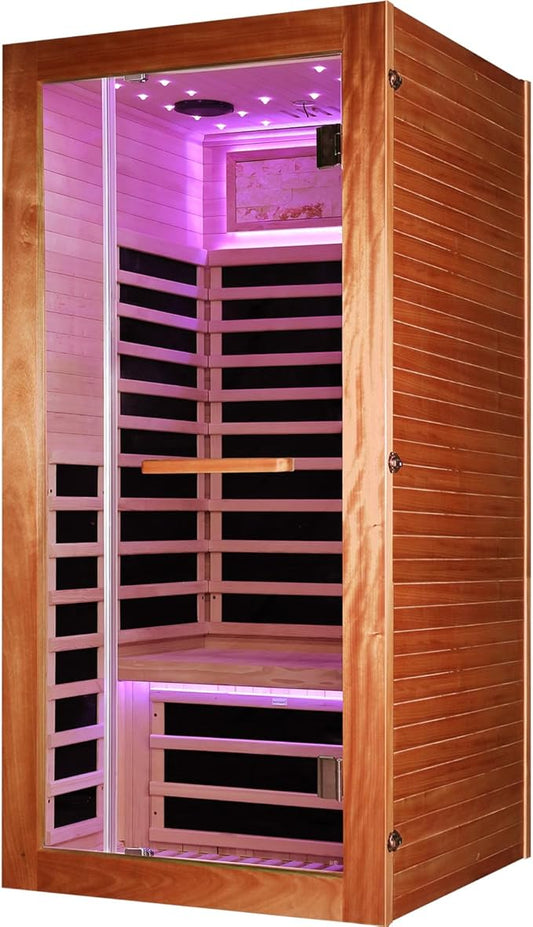 Far Infrared Sauna Room for Home, 7 Heating Panels, 1350W AC120V, Premium Okoume Wood, Bluetooth Speaker & Colorful Starry Sky Lights, 17.3" Seat Height, Easy Assembly - 35.4"x35.4"x70.9"