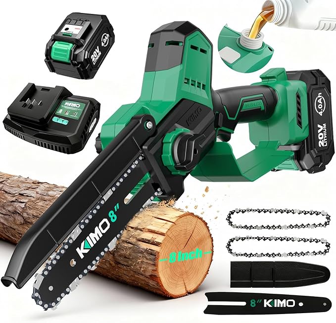 KIMO 8-INCH Mini Chainsaw Cordless, 4.0Ah Batteries & Fast Charger, 34 FT/S Powerful Cutting Handheld Chain Saw w/Auto Oiler, Brushless Battery Powered Chainsaw Electric for Dad Tree Trimming