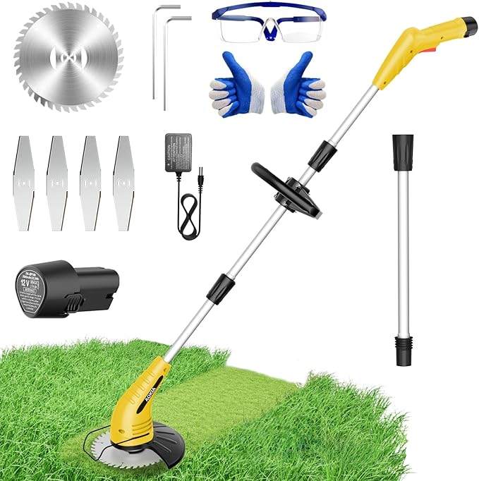 Aokia Electric Weed Wacker Cordless, 12V Battery Powered Weed Eater Cordless with Adjustable Pole (65inch), Lightweight Grass Trimmer Cutter/Edger/Mower with 2 Types Blade for Garden, Yard Lawn Work
