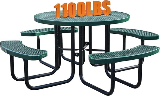 8-Person Outdoor Picnic Tables,46" Heavy-Duty Metal Round Picnic Table,Expanded Metal Commercial-Grade Table with 4 Benches & Umbrella Hole,Waterproof Coating Beach Table for Patio,Garden, Backyard