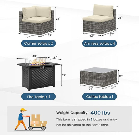 8 Pieces Outdoor Patio Furniture Set with 43" Fire Pit Table, Wicker Outdoor Patio Sectional Sofas with Cushions and Coffee Table, All-Weather Patio Conversation Set for Garden Backyard, Beige