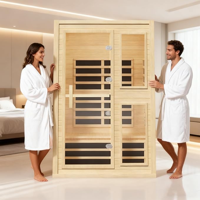 Far Infrared Sauna for 2 Person, Hemlock Wood Home Dry Sauna with Low EMF Fast Heating (1600W), Red Light Therapy & Chromotherapy, Built-in Bluetooth Speaker and Oxygen Ionizer for Indoor Relaxation