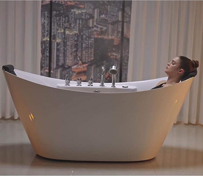 Empava Whirlpool Bathtub, 67-Inch Freestanding Bathtub Oval with 8 Hydromassage Adjustable Water Jets Luxury Acrylic Massage SPA Soaking Bath Tub in Double Ended, White