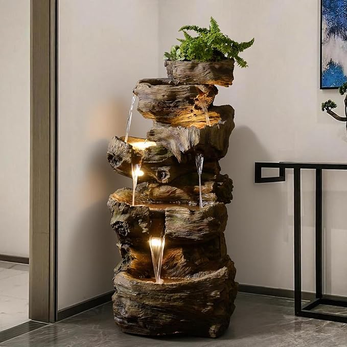 Sunlinua 40" H Outdoor Water Fountain with 5 Tiers Large Cascading Realistic Tree Trunk Waterfall Fountains with LED Lights Outdoor Water Fountain for Garden Patio Backyard Porch Home Decor