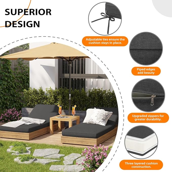Sundale Outdoor Olefin Chaise Lounge Cushion Set of 2, Water-Resistant Patio Lounge Chair Cushion, Thick Lounger Pad with 4 Straps Dark Gray, 72 x 21 x 4 Inches