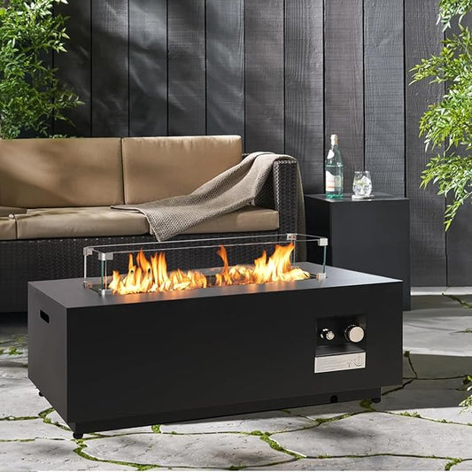 42-inch Outdoor Propane Fire Pit Table Rectangular - Modern Gas Fire Pits Patio CSA Certified Heavy-Duty Firepit 50,000 BTU Fire Table with Tank Cover, Wind Guard for Backyard, Deck(Black)