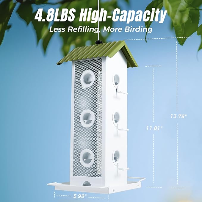 Shineforu All Metal Bird Feeder for Outdoors Hanging | 14-Port Multi-Bird Viewing | Premium Finish, Waterproof & Easy-Clean | Attracts Cardinals, Finches, Chickadees & More (Crisp White & Green)