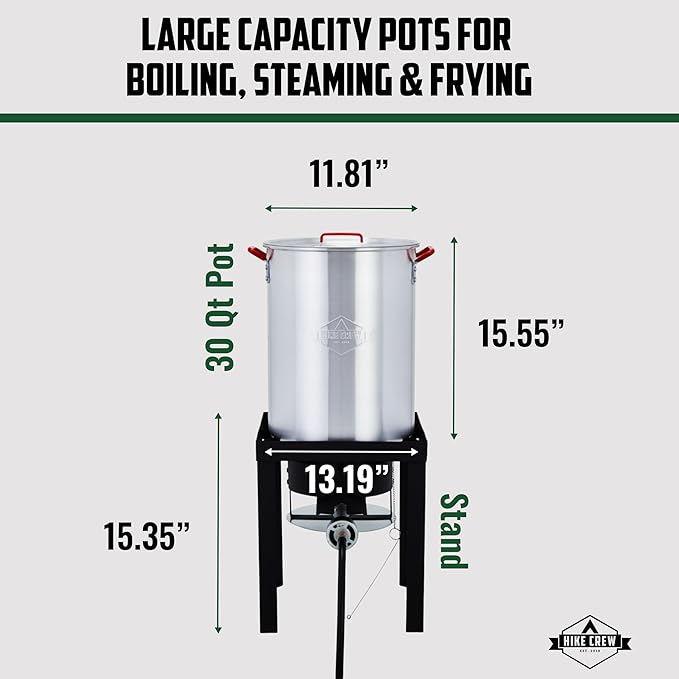 Hike Crew Outdoor Turkey Fryer Kit - Complete Kit for Steaming, Boiling & Frying with 30Qt Boiler Pot, Fry Basket, 12” Thermometer, Injector, Lifter, Turkey Stand, Gloves, Storage Cover & More